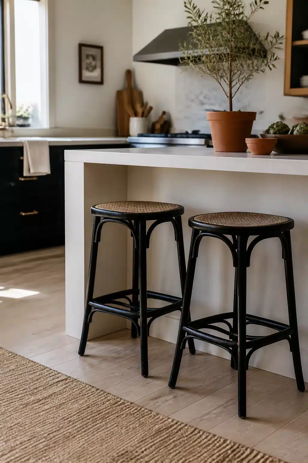 Black rattan and cane weave black kitchen bar stools at a white island with dark cabinetry and oak floors