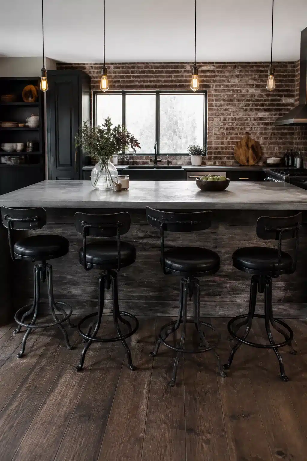 Black kitchen bar stools with cast iron swivel bases at a concrete island in a dark industrial kitchen