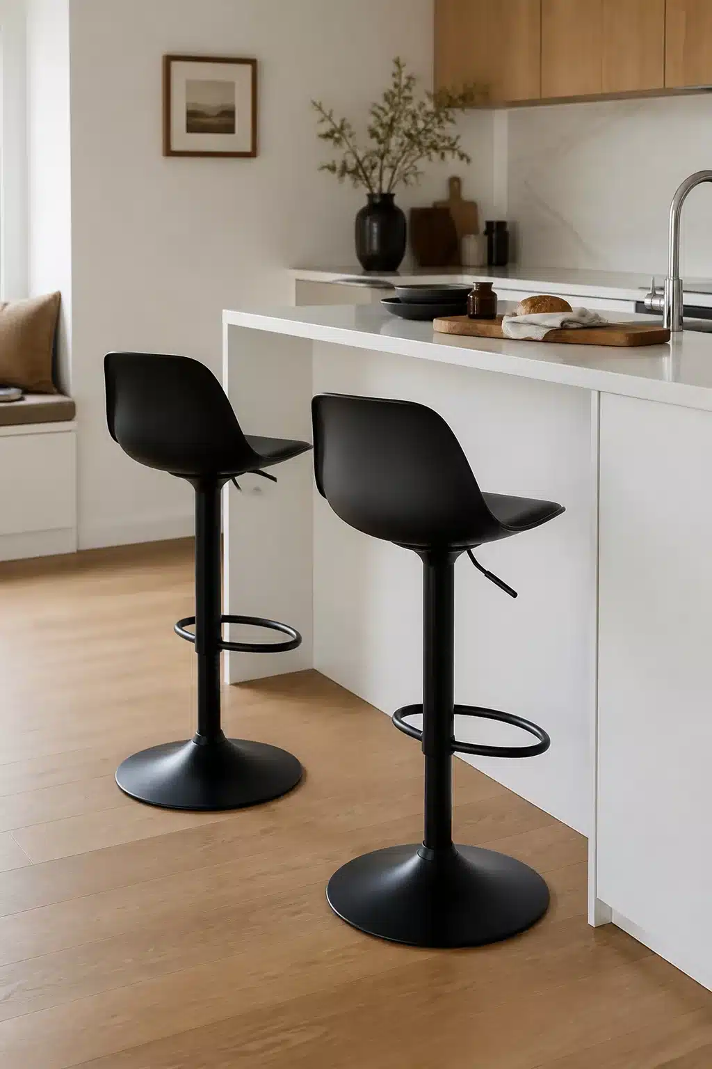 Two molded black plastic tulip-base bar stools at a white kitchen island — black kitchen bar stools with footring.