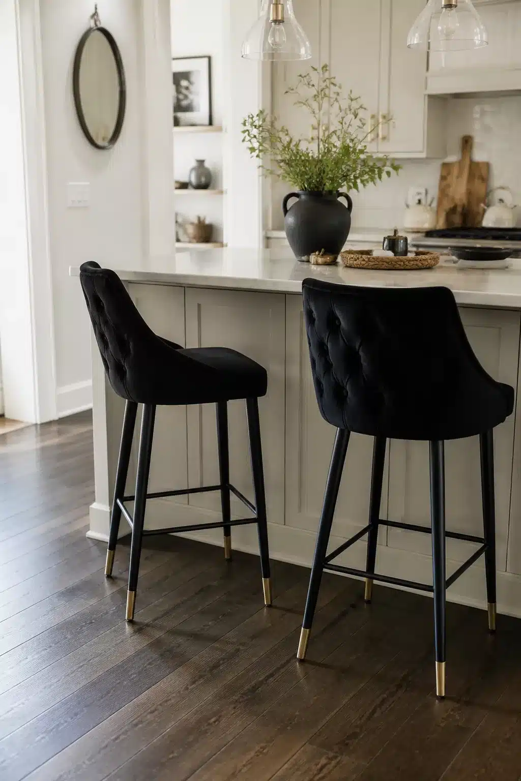 Black velvet tufted bar stools with gold-tipped legs at a gray kitchen island — black kitchen bar stools