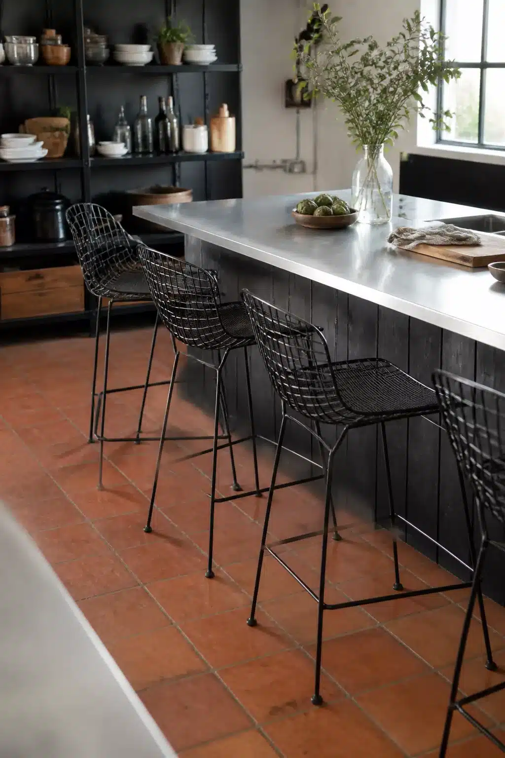 Black wire frame kitchen bar stools at a zinc island with terracotta floor tiles and dark open shelving