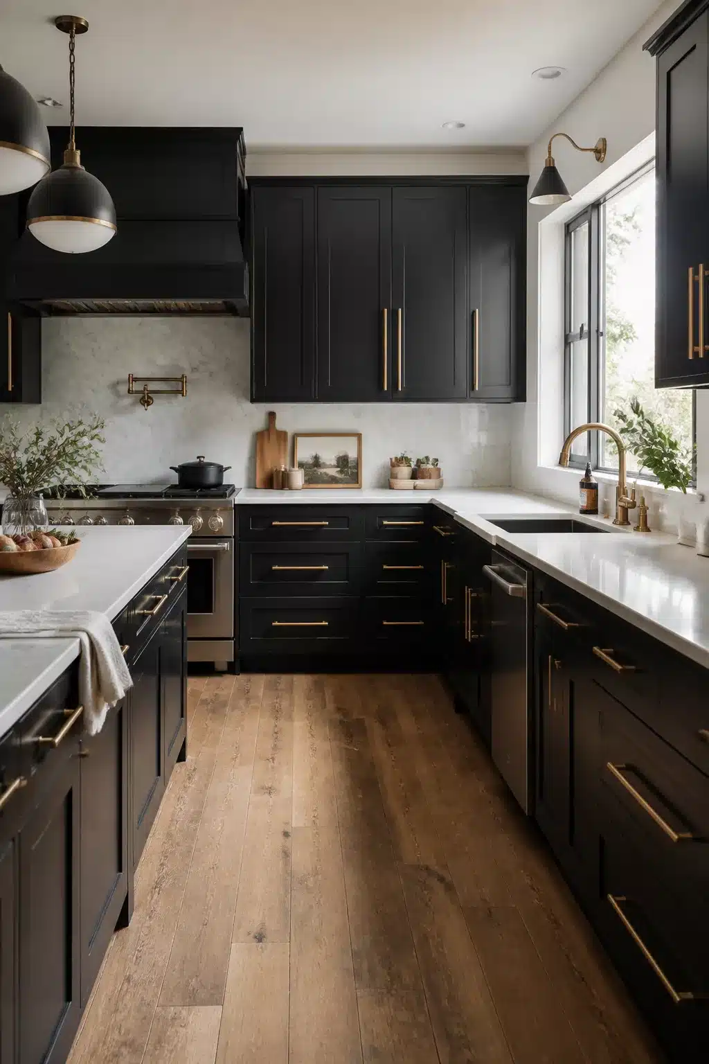 Matte black shaker kitchen with satin brass bar pulls, white marble counters, and oak hardwood floors — black kitchens with brass handles