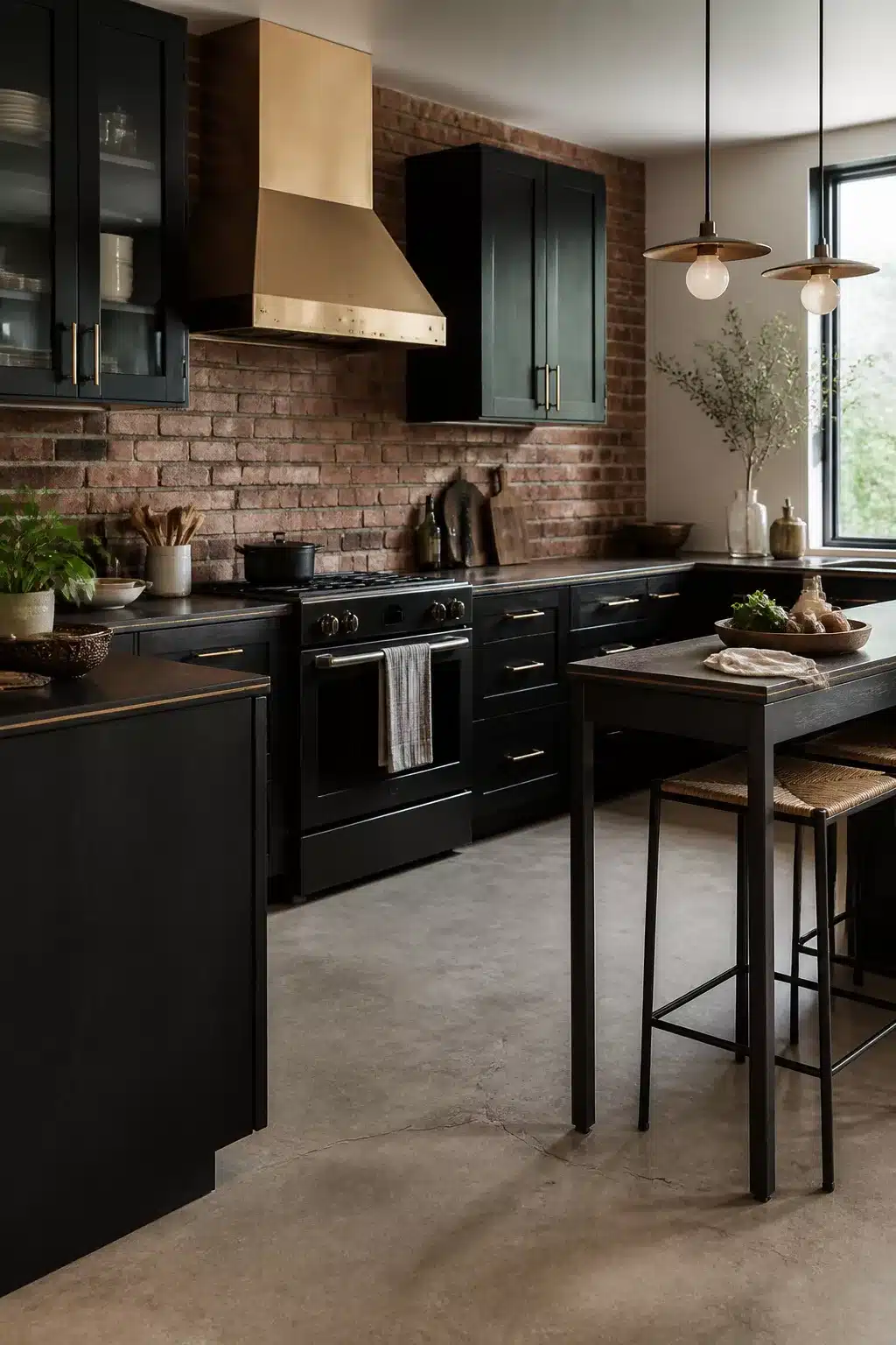 Black kitchen with brass handles, gold range hood, and exposed brick backsplash — black kitchens with brass handles inspiration