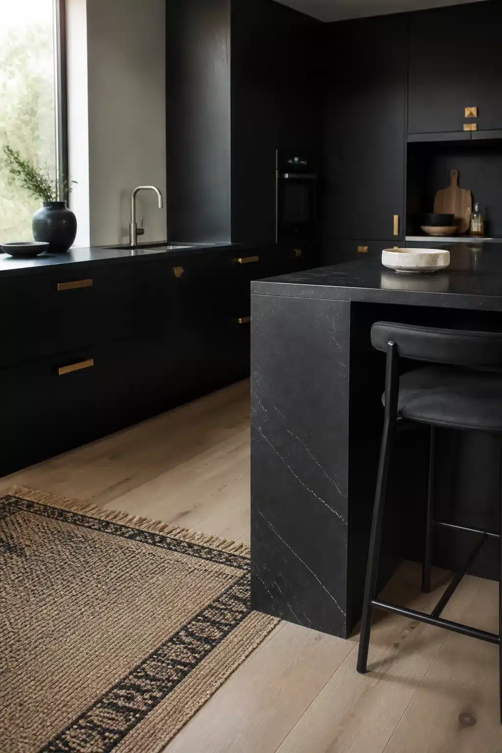 Black kitchen with brass handles, leathered stone island end panel, and light oak floors — black kitchens with brass handles