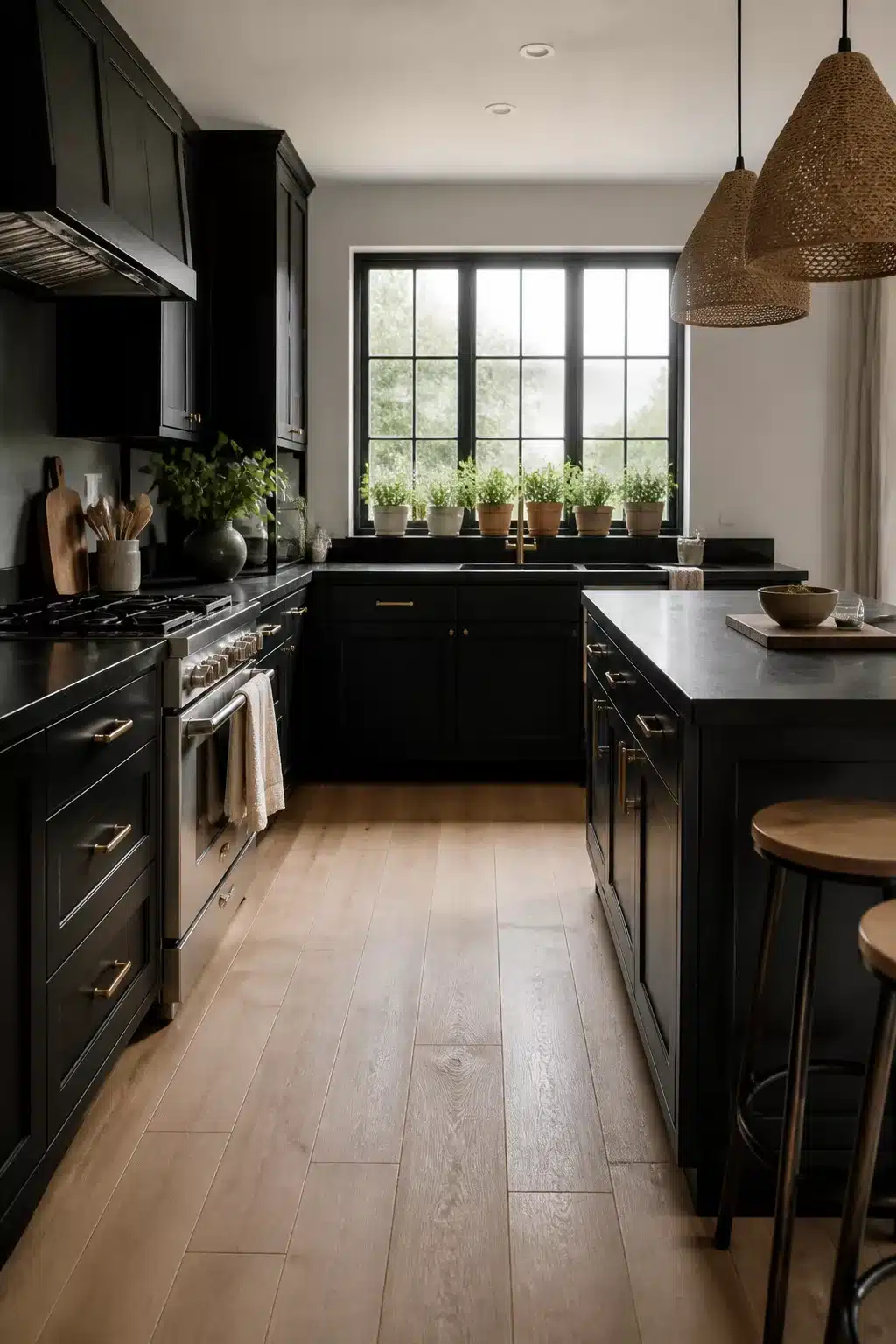 Black kitchen with brass handles, dark stone counters, rattan pendant lights and a blonde wood floor