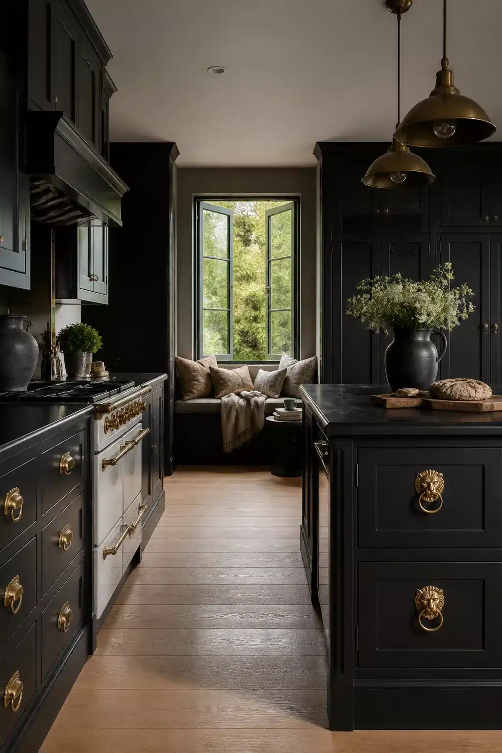 Black kitchen with brass lion-head drawer pulls, aged brass pendants, and oak floors — black kitchens with brass handles done right.