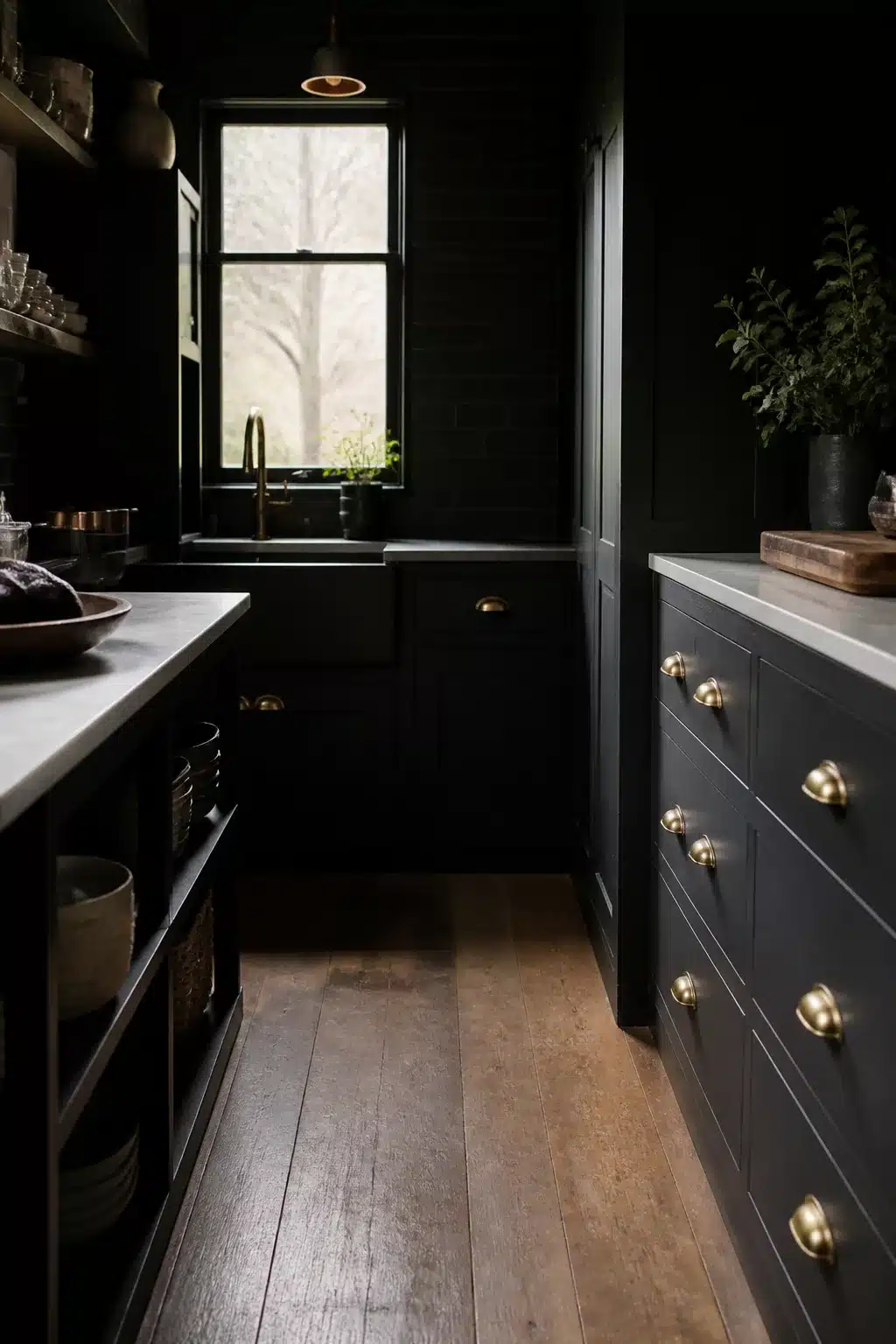 Black kitchen with unlacquered brass cup pulls, dark shaker cabinets and worn wood floors — black kitchens with brass handles