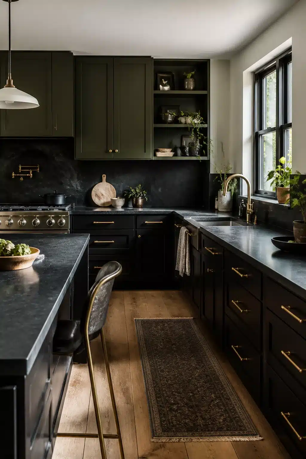 Black kitchen with brass handles, olive green upper cabinets, dark stone counters and hardwood floors