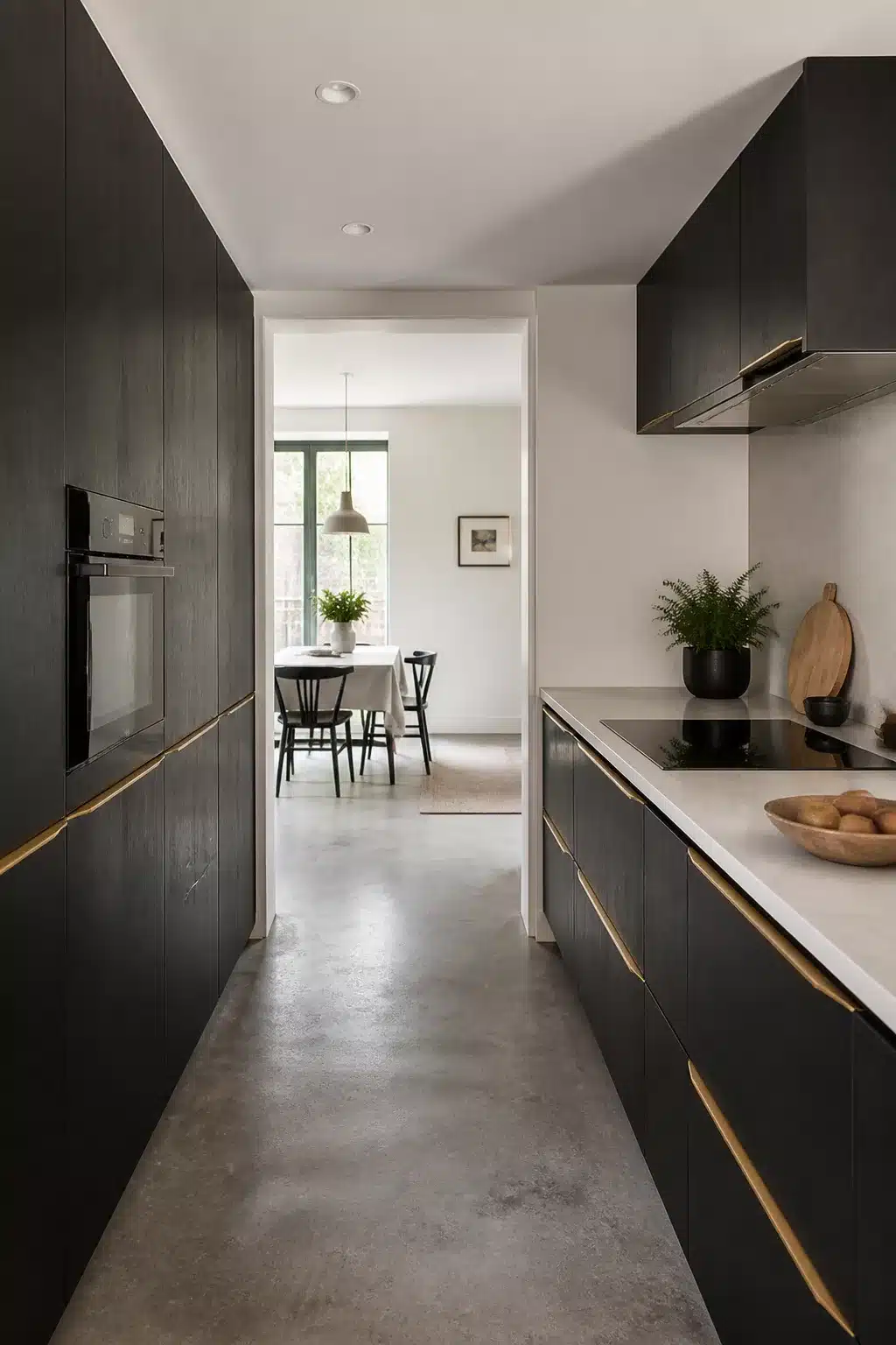Narrow black kitchen with brass J-pull handles, dark oak cabinets and polished concrete floor — black kitchens with brass handles