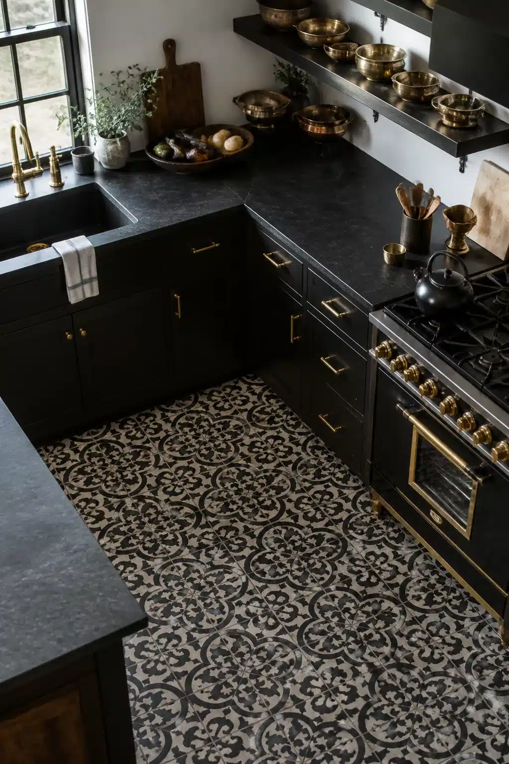 Black kitchen with brass handles, soapstone counters, and ornate encaustic patterned tile floor