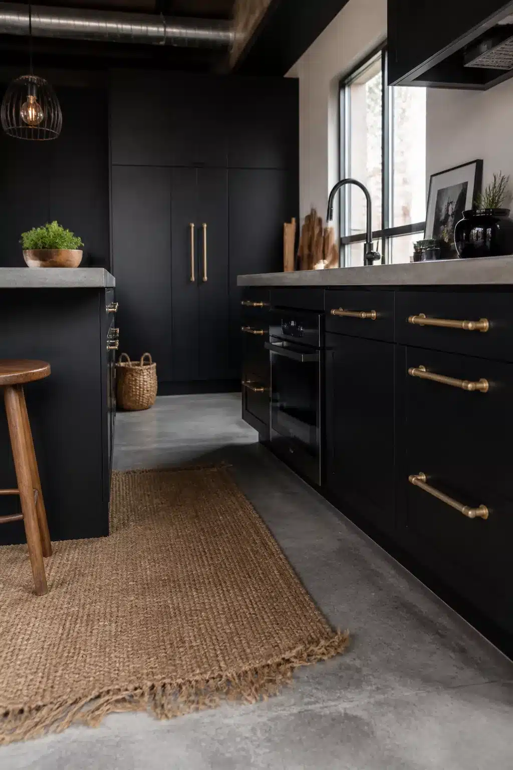 Black kitchen with brass pipe handles, concrete countertops, and jute runner — moody industrial style