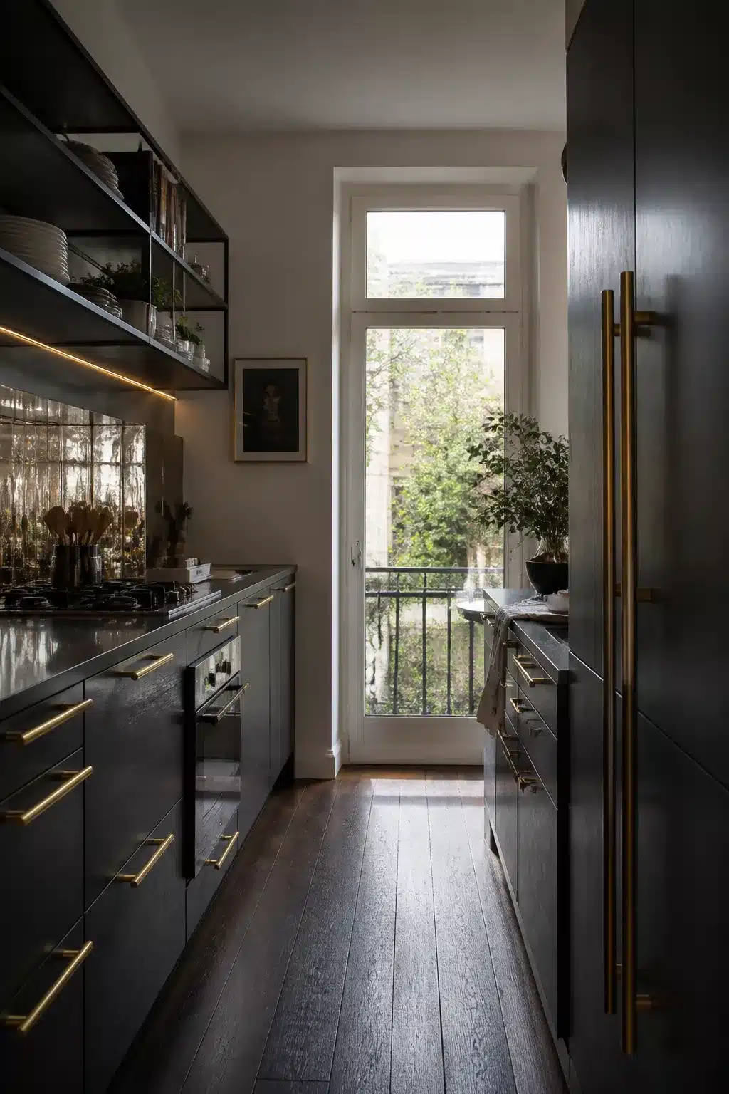 Narrow galley black kitchen with oversized brass bar pulls, mirrored backsplash and tall window — Black Kitchens With Brass Handles