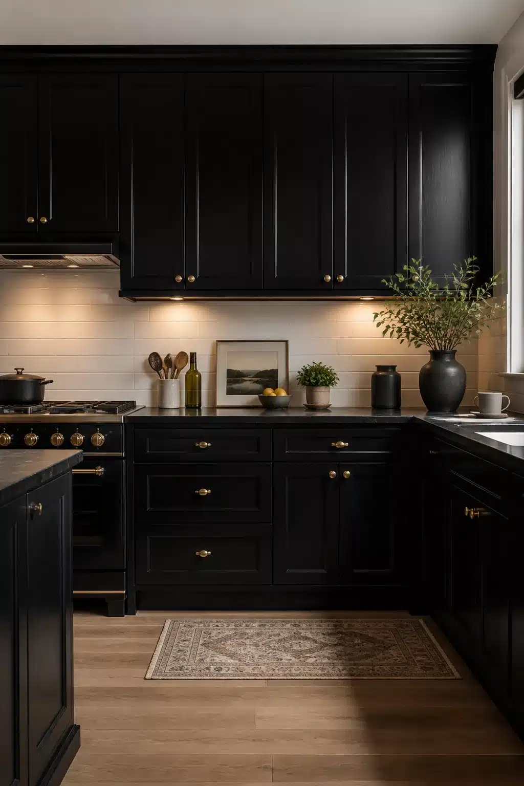 Black kitchen with brass knob handles, cream subway tile backsplash, and warm wood floors — black kitchens with brass handles