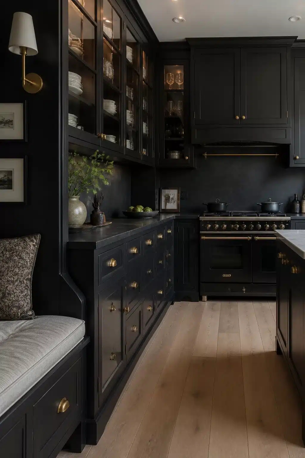 Black kitchen with brass handles, glass-front pantry cabinets, built-in bench, and brass wall sconce over pale oak floor.