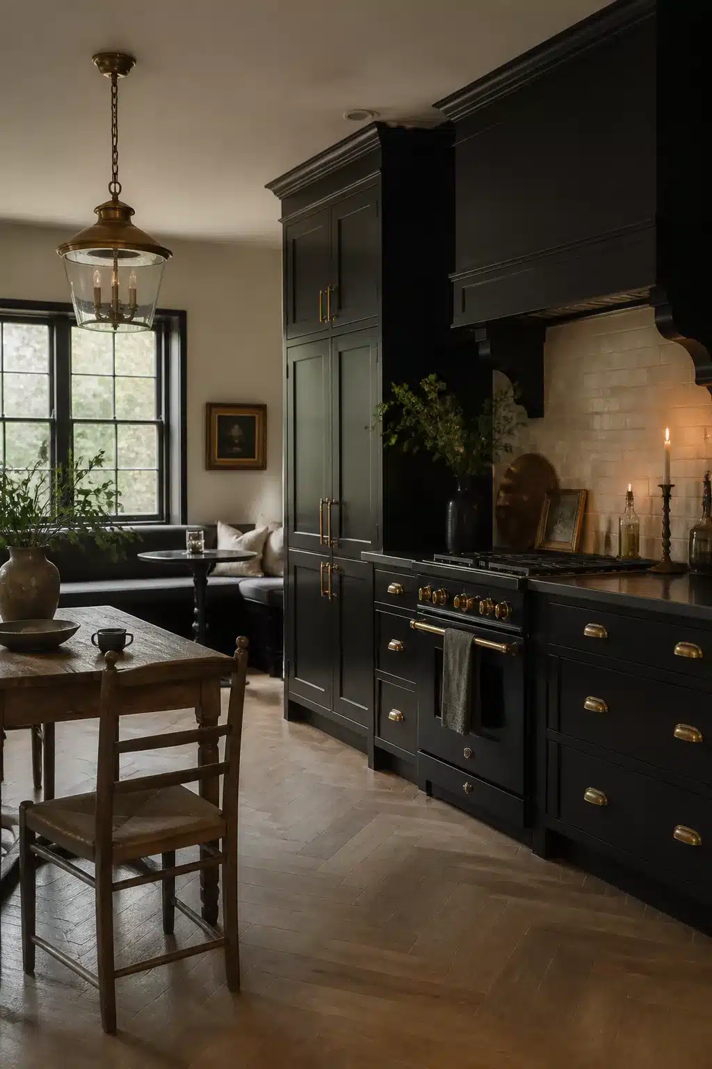 Moody black kitchen with brass drop handles, herringbone parquet floor and eat-in dining nook — black kitchens with brass handles