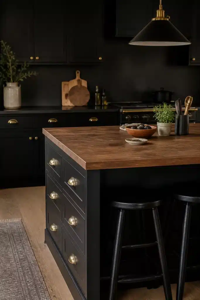 Black kitchen island with brass cup handles and butcher block top — moody black kitchens with brass handles
