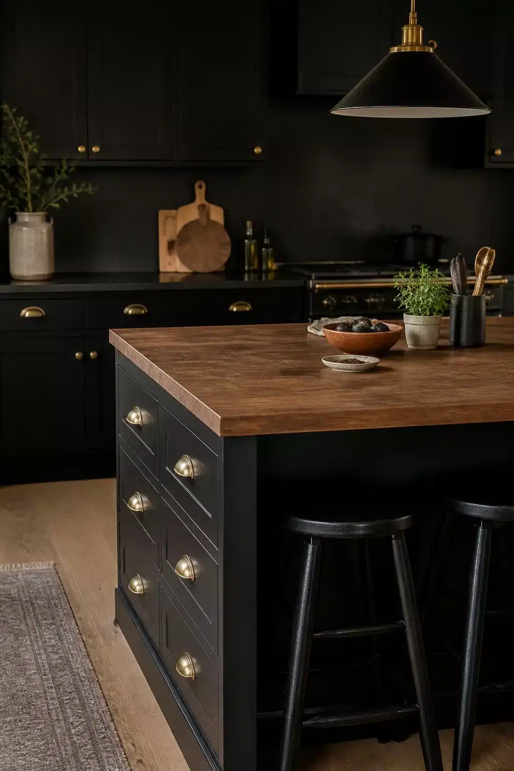 Black kitchen island with brass cup handles and butcher block top — moody black kitchens with brass handles