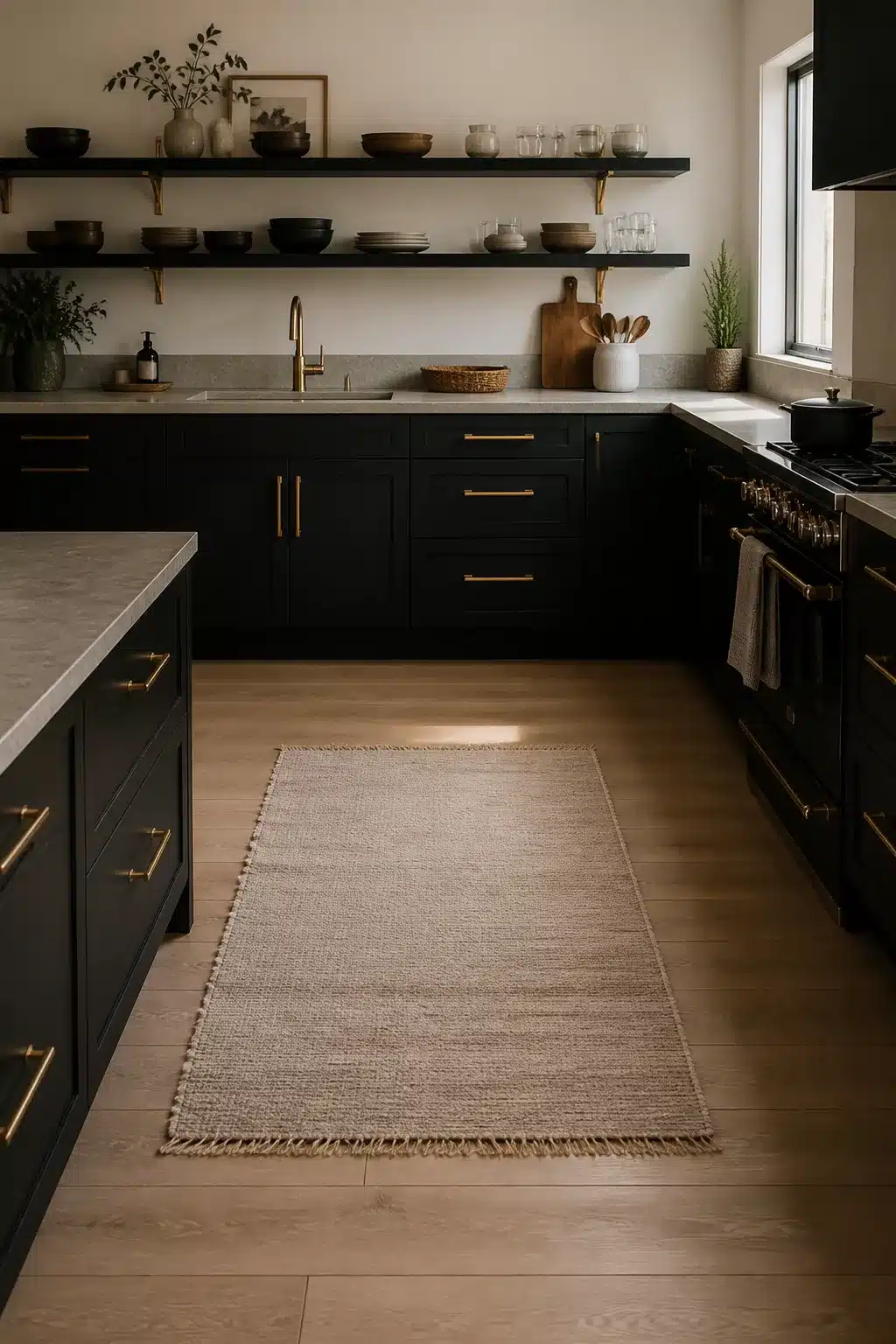 Black kitchen with brass handles — flat-front cabinets, unlacquered brass pulls, stone counters and light wood floors