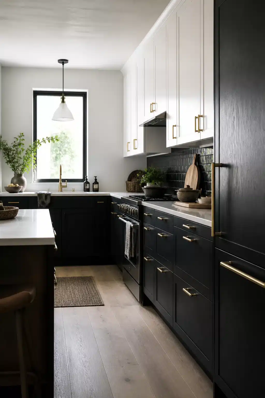 Two-tone black and white kitchen with brushed brass tab pulls — black kitchens with brass handles inspiration