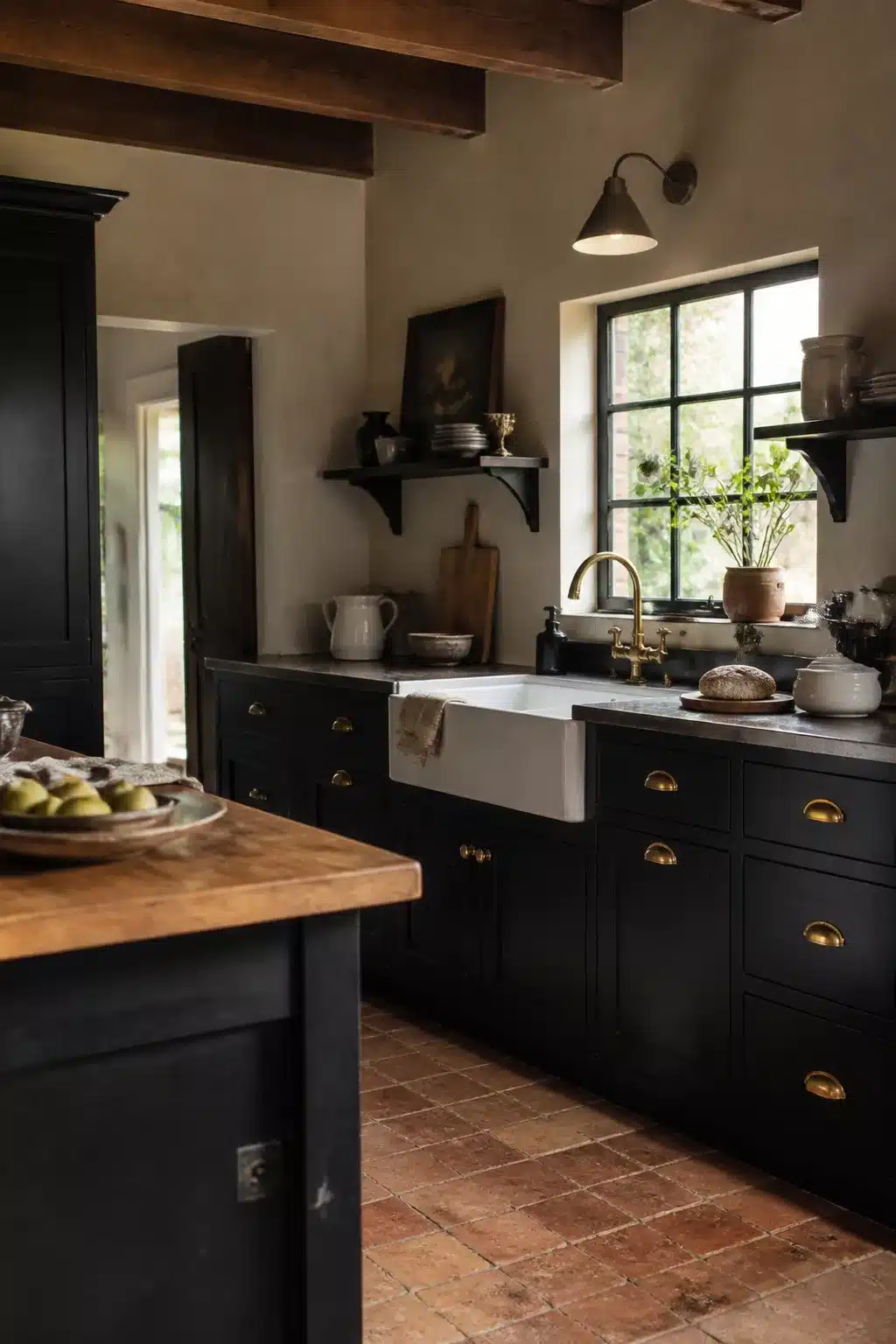Black kitchen with brass bin pulls, farmhouse sink, terracotta tile floor — black kitchens with brass handles inspo