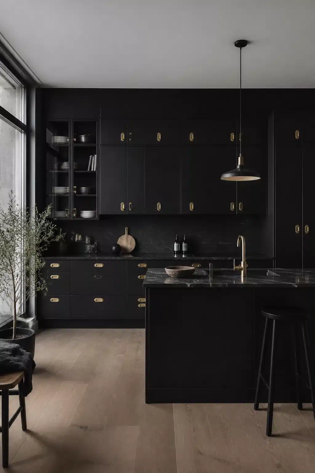 Charcoal black kitchen with brass oval drop handles, black marble island and oak floors — black kitchens with brass handles