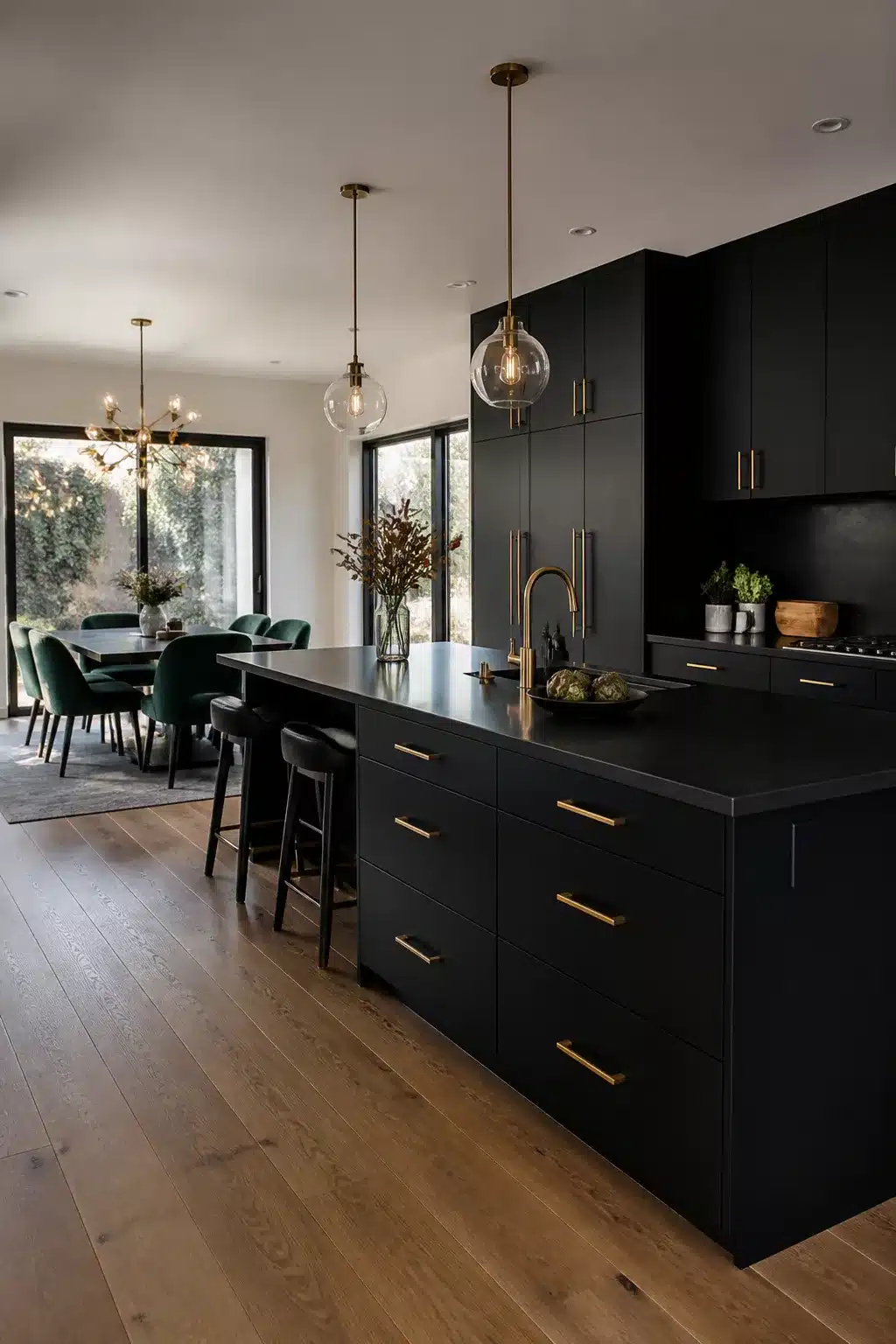 Black kitchen with brass bar handles, black island, velvet green dining chairs — black kitchens with brass handles