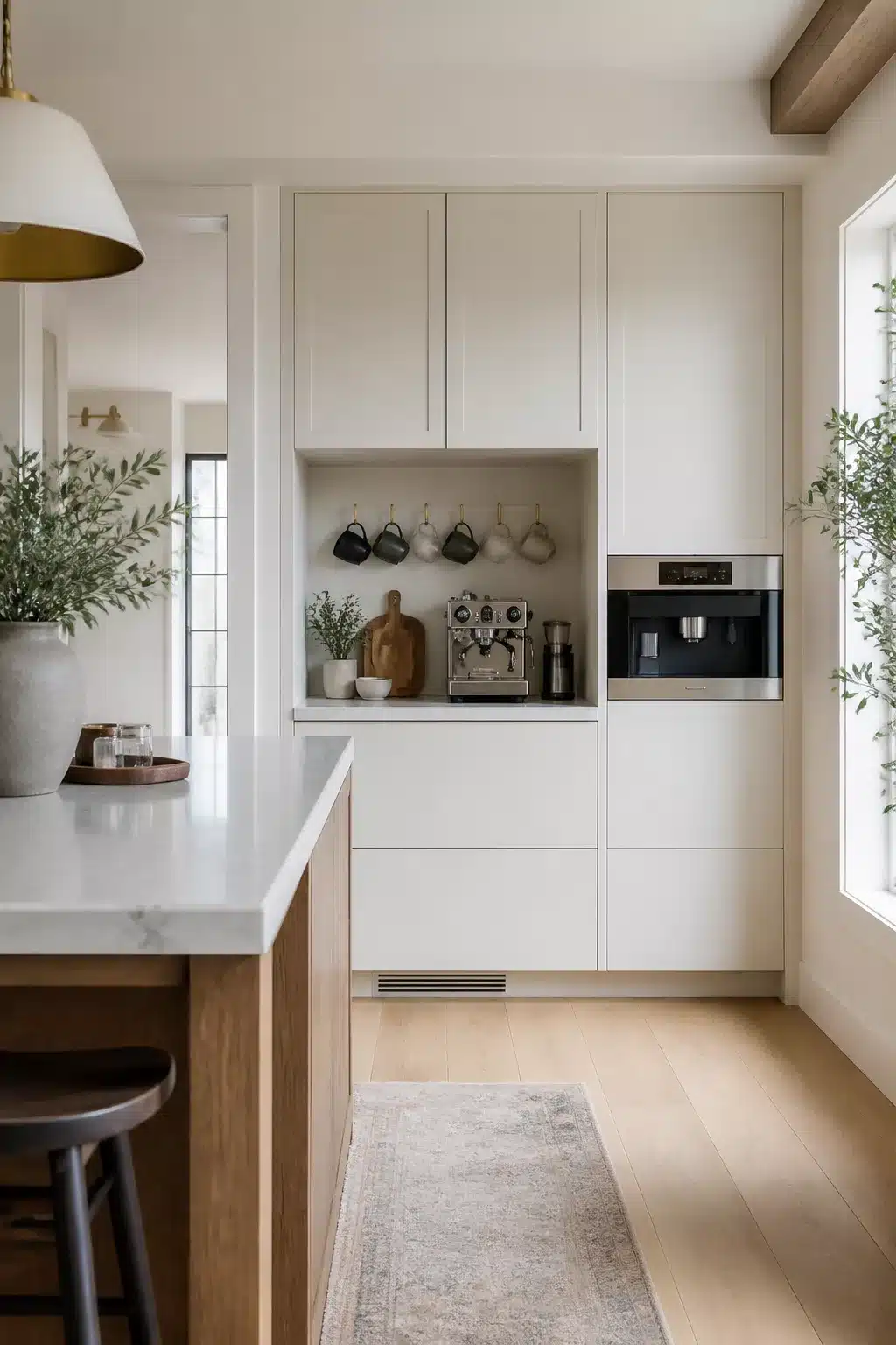 Built in kitchen coffee bar with handleless white shaker alcove, espresso machine, and hanging mugs
