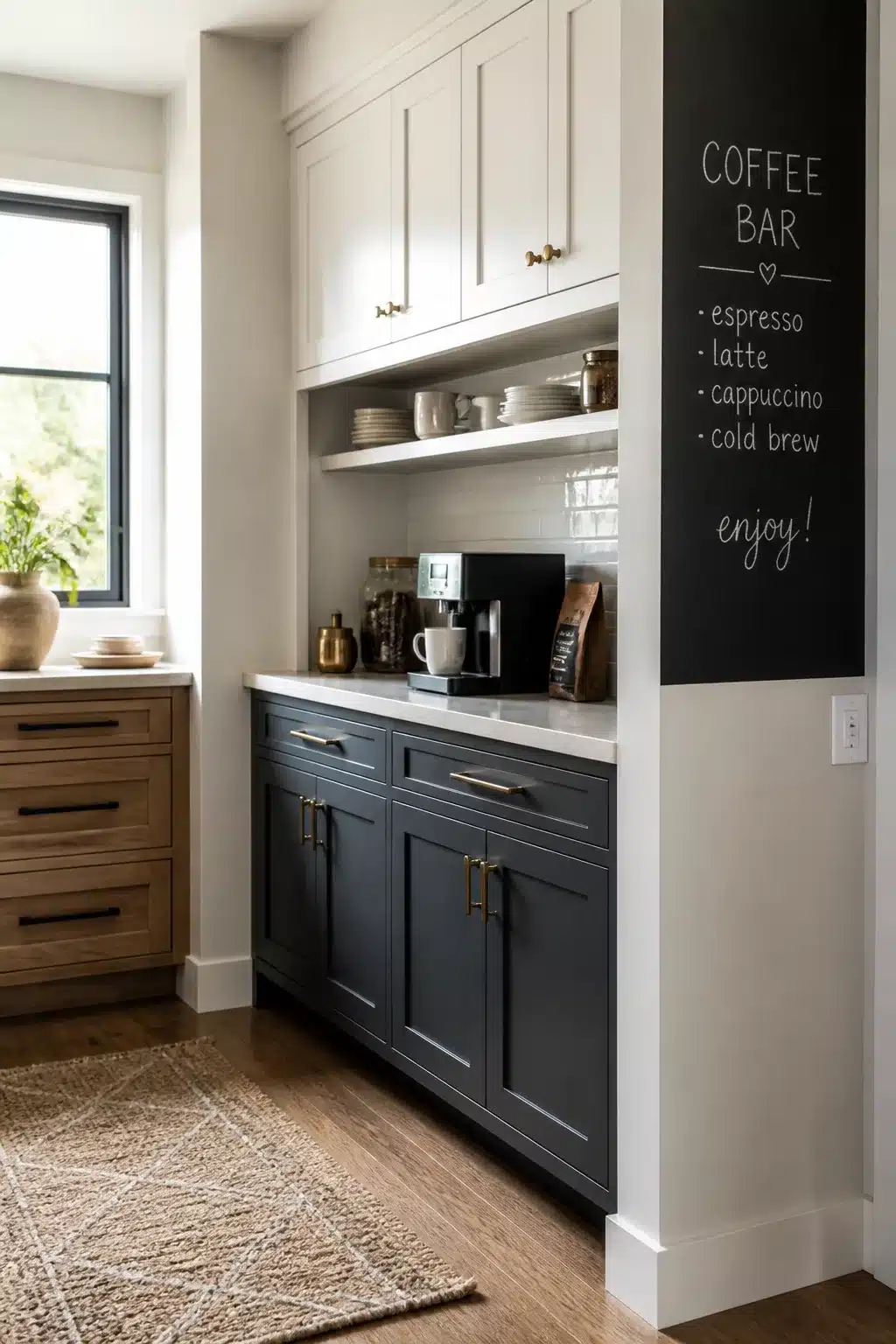Built in kitchen coffee bar with dark gray lower cabinets, white uppers, brass hardware, and a chalkboard panel