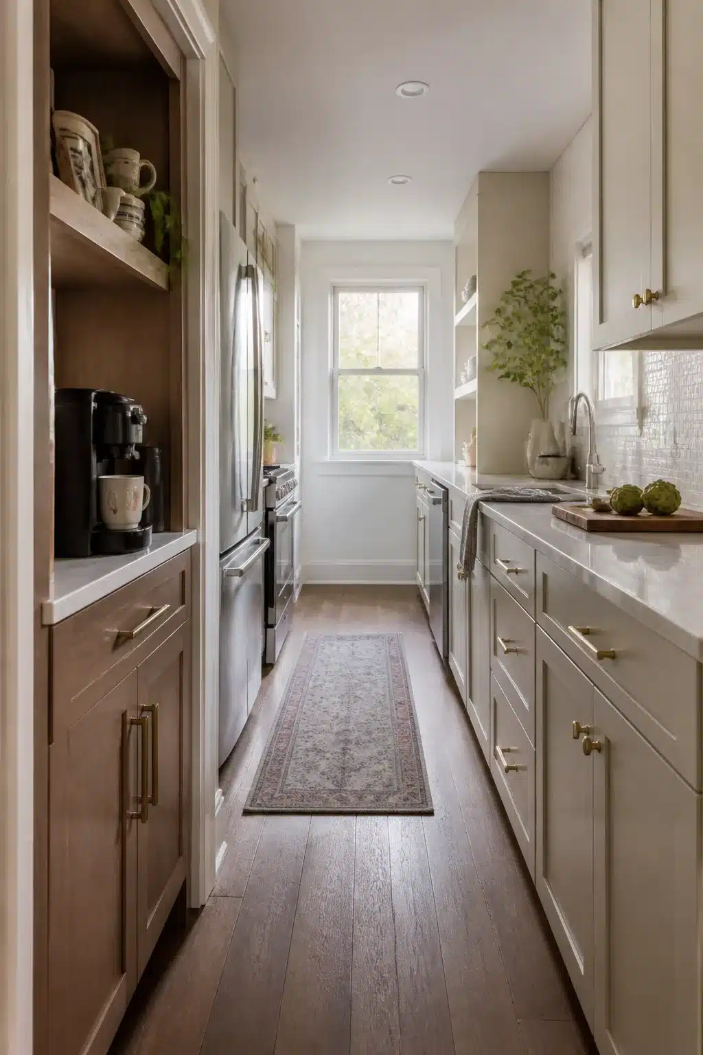 Built in kitchen coffee bar with natural wood open shelves, brass pulls, and Keurig in a narrow galley kitchen