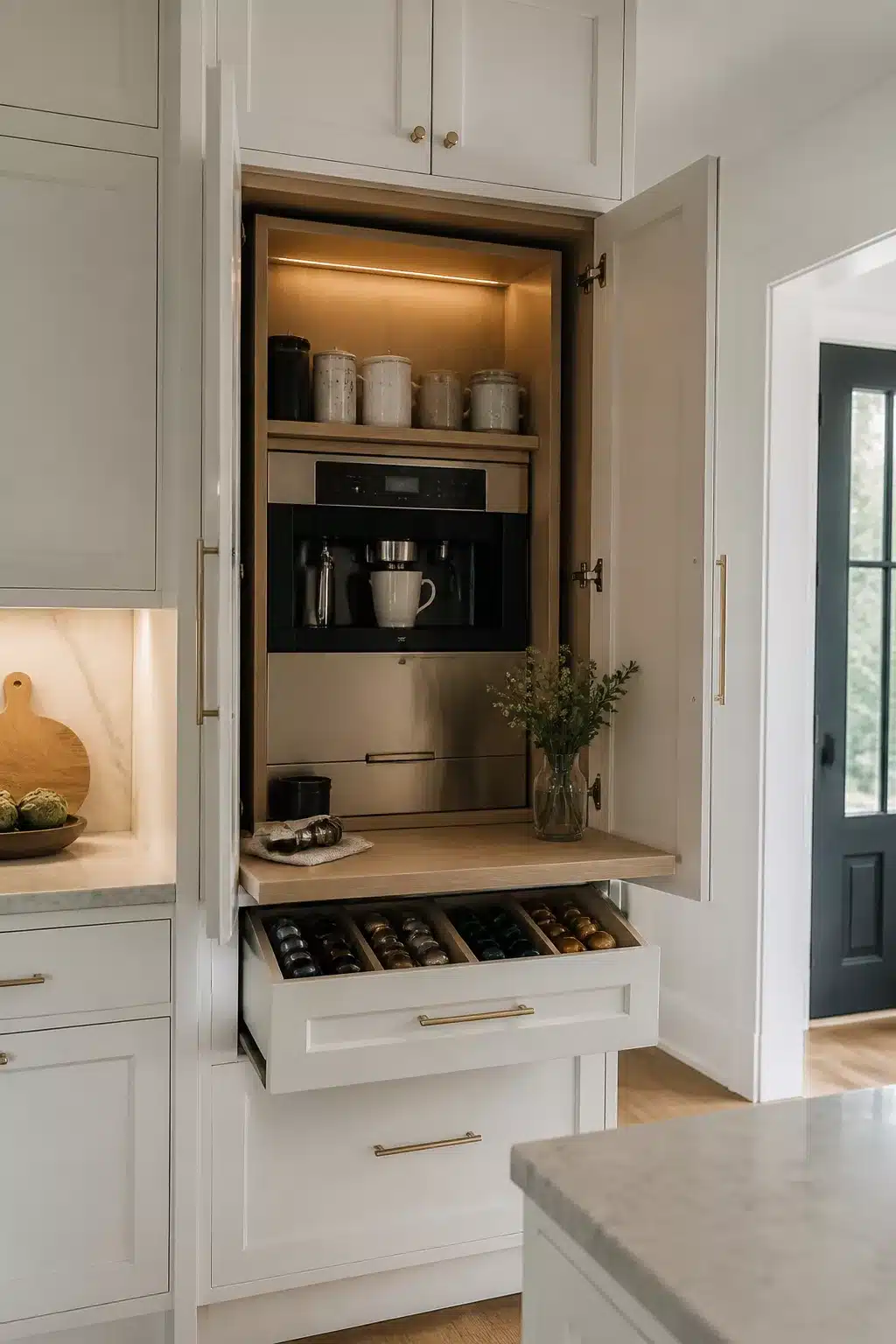 Built in kitchen coffee bar inside tall pantry cabinet with pull-out shelf and capsule pod storage drawer