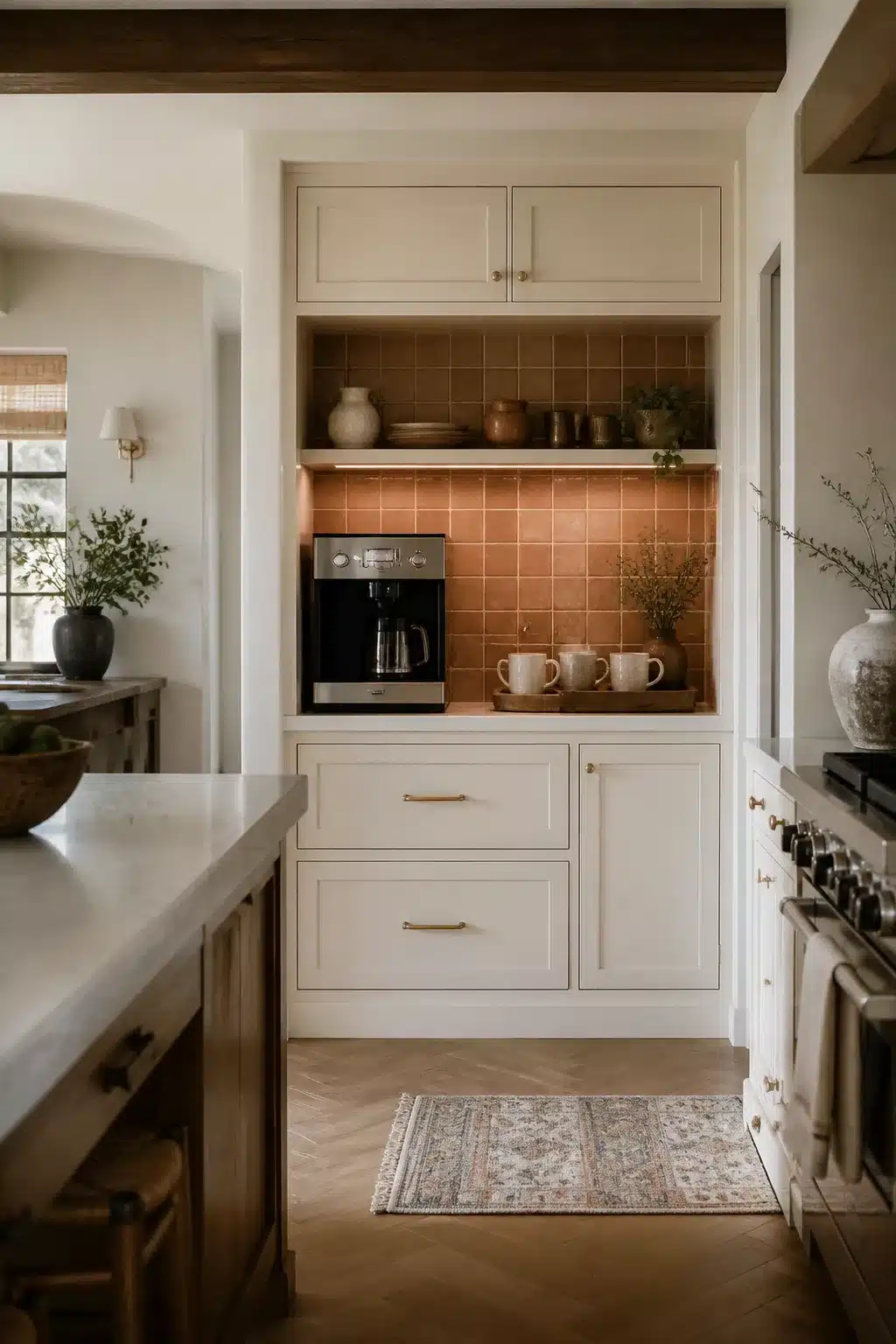 Built in kitchen coffee bar with terracotta tile backsplash, cream shaker cabinets, and warm under-shelf lighting.