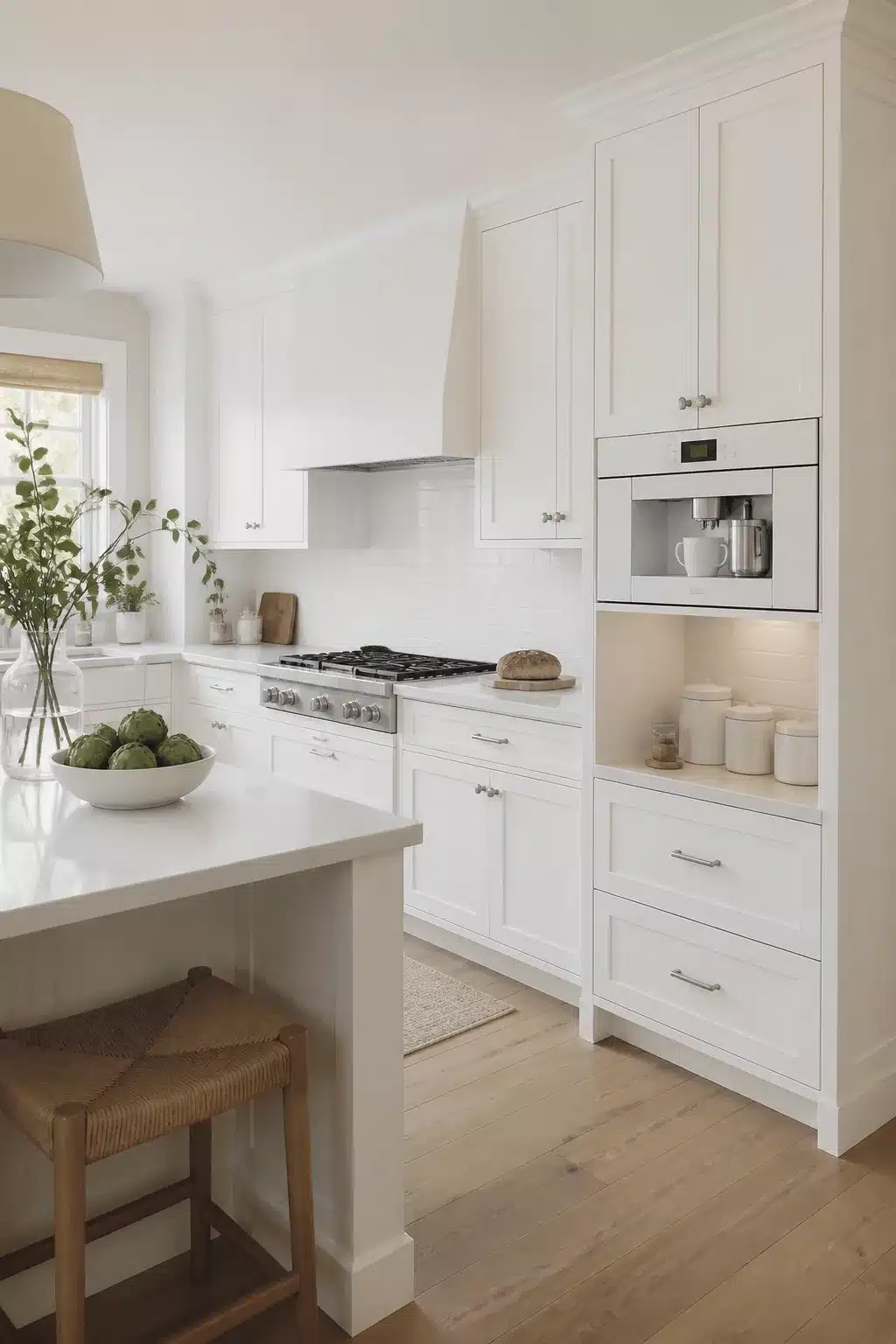 Built in kitchen coffee bar with white shaker cabinet tower and flush integrated coffee machine