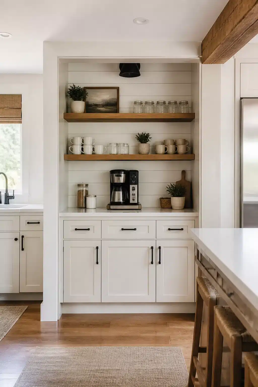 Built in kitchen coffee bar with shiplap surround, wood floating shelves, white shaker cabinets and stacked mugs