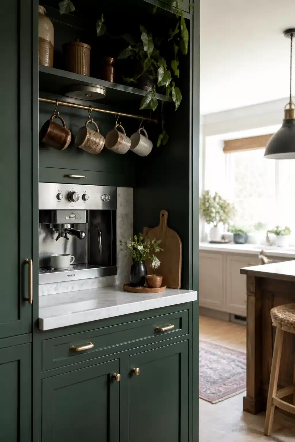 Built in kitchen coffee bar with emerald green cabinetry, brass mug rail, and marble countertop.