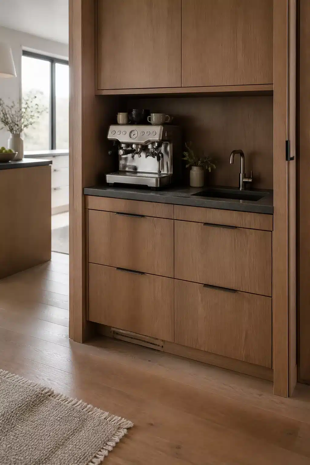 Built in kitchen coffee bar with warm oak cabinetry, dedicated sink tap, and espresso machine on a dark counter