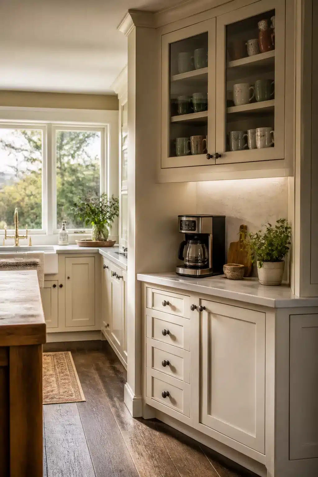 Built in kitchen coffee bar with glass-front upper cabinets displaying mugs above cream shaker drawers and drip coffee maker