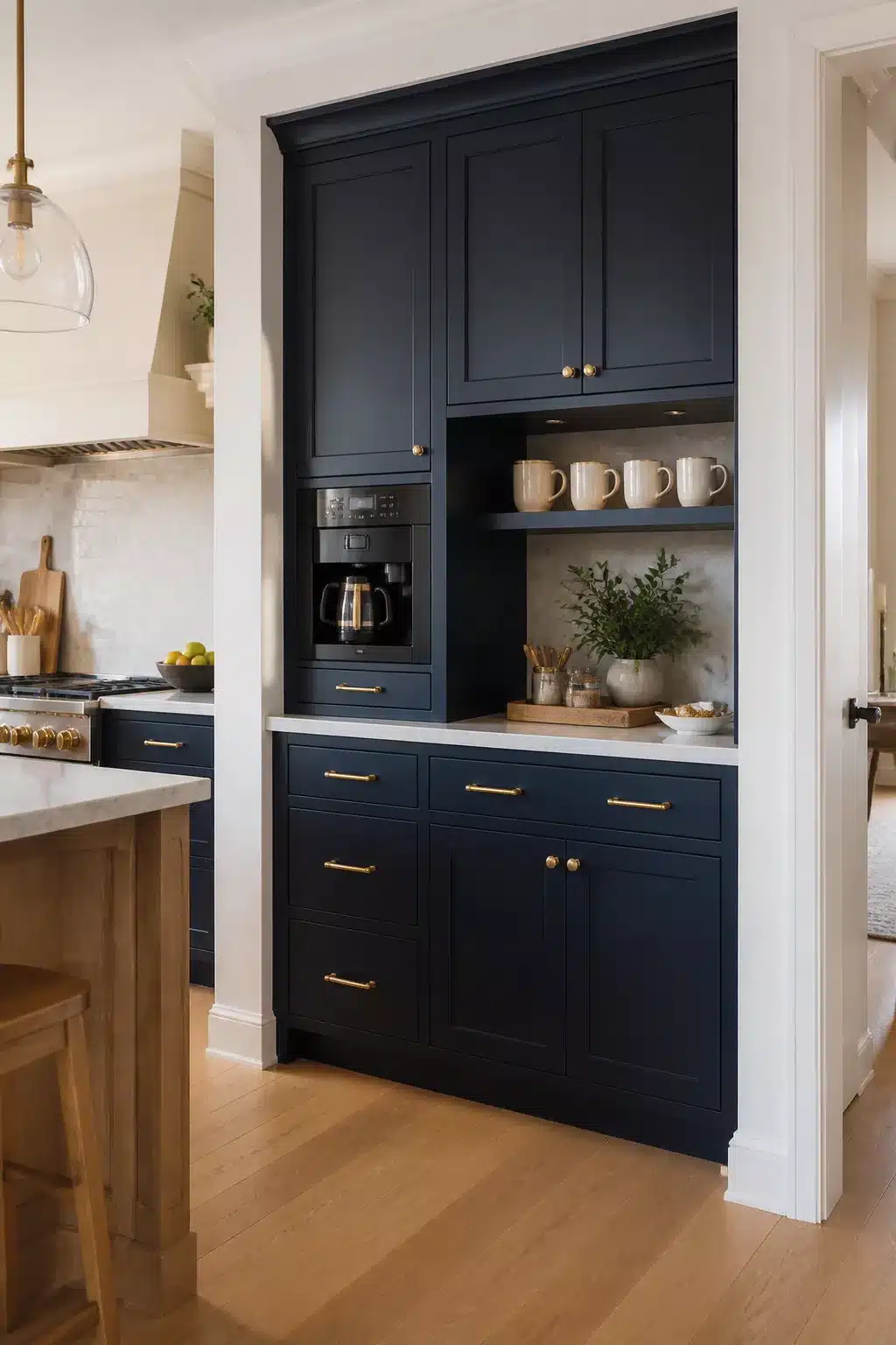 Dark navy blue built in kitchen coffee bar with brass hardware, built-in coffee maker and open mug shelf