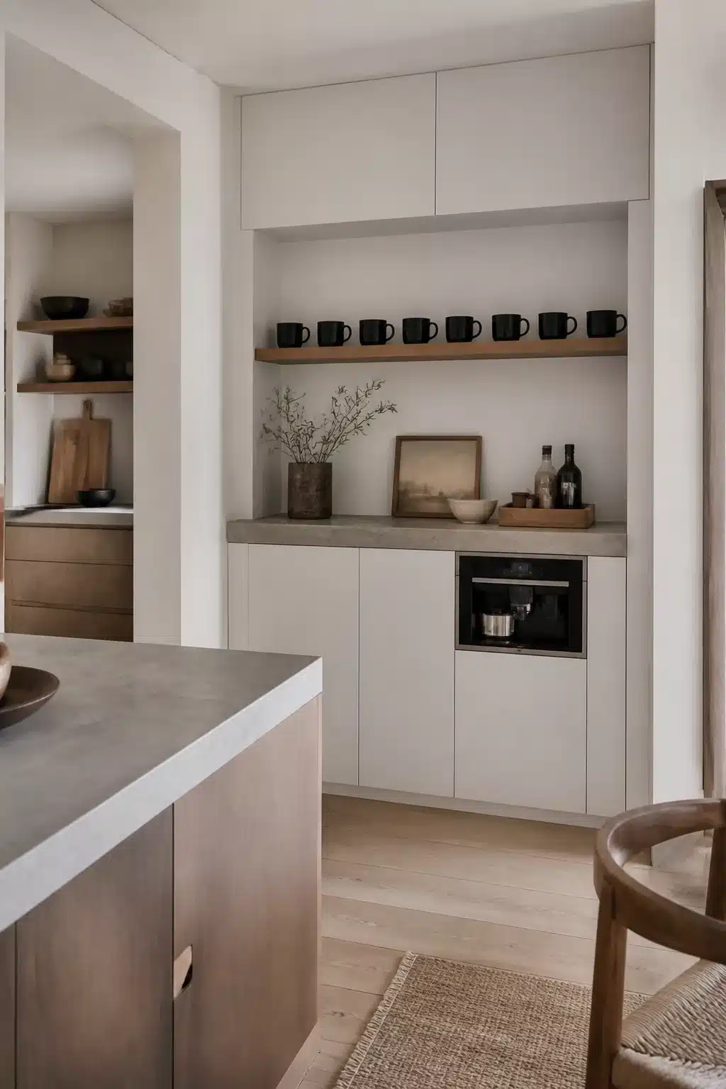 Built in kitchen coffee bar with micro-topping concrete counter, oak shelf, black mugs, and flush espresso machine