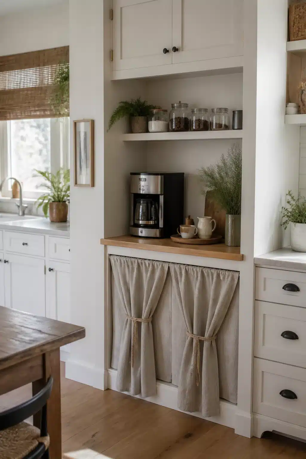 Built in kitchen coffee bar with linen curtain cabinet doors, oak counter, and glass canister shelf in white alcove