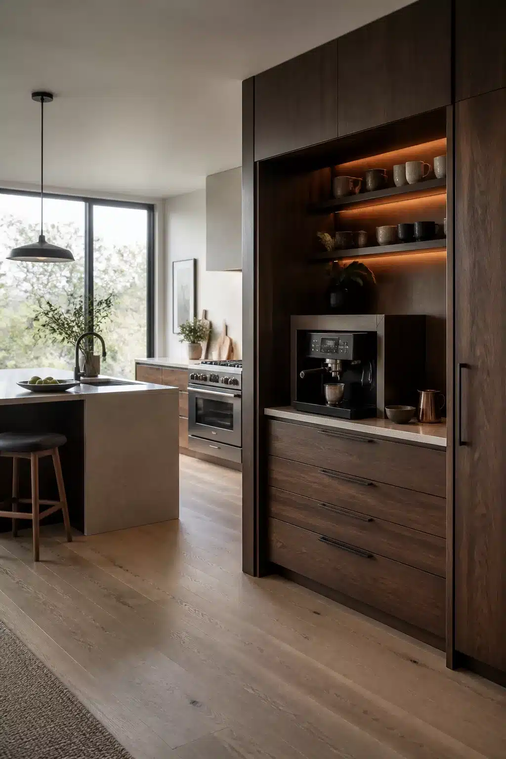 Built in kitchen coffee bar with dark walnut cabinetry, warm LED under-shelf lighting, and espresso machine