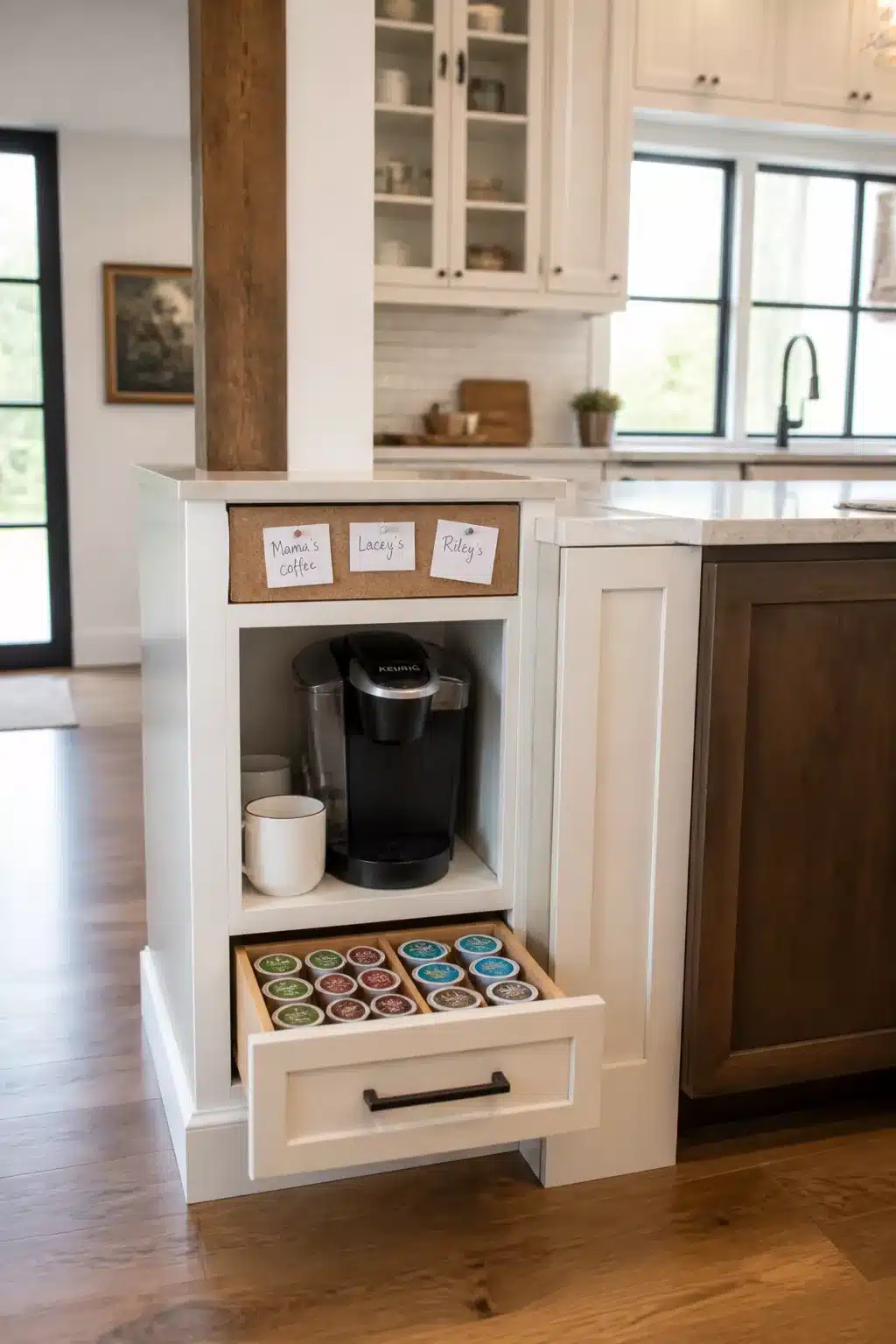Built in kitchen coffee bar with pull-out K-Cup pod drawer and cork board labels on white shaker island end cap.