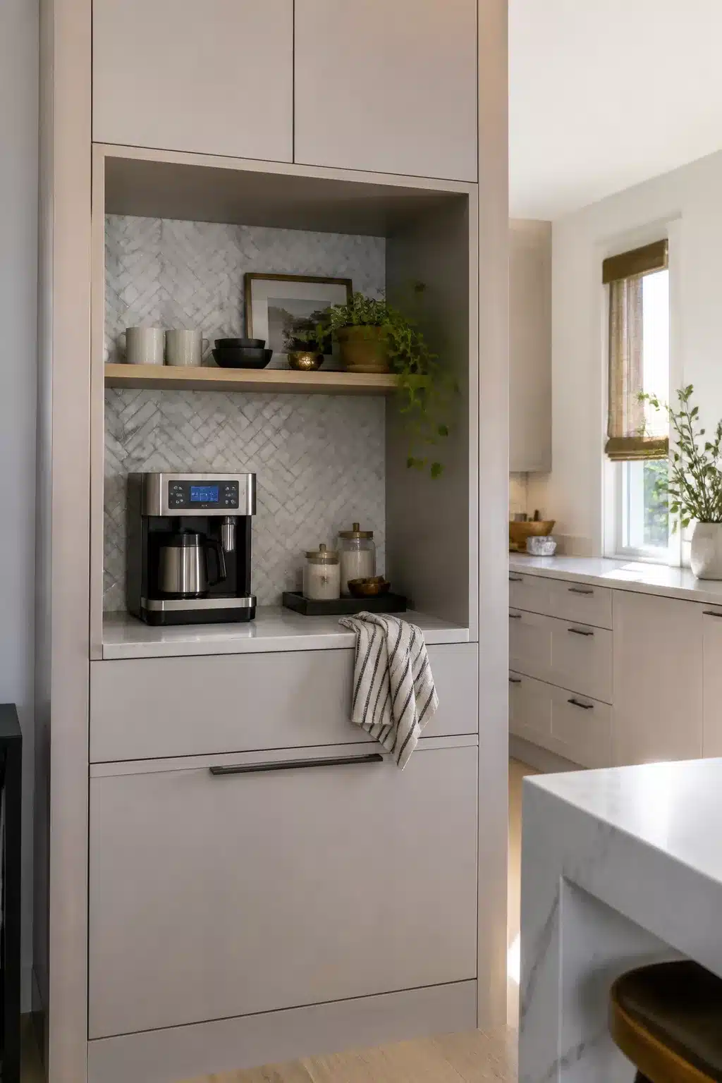 Built in kitchen coffee bar with marble herringbone tile inset, greige cabinetry, floating wood shelf and stainless coffee maker