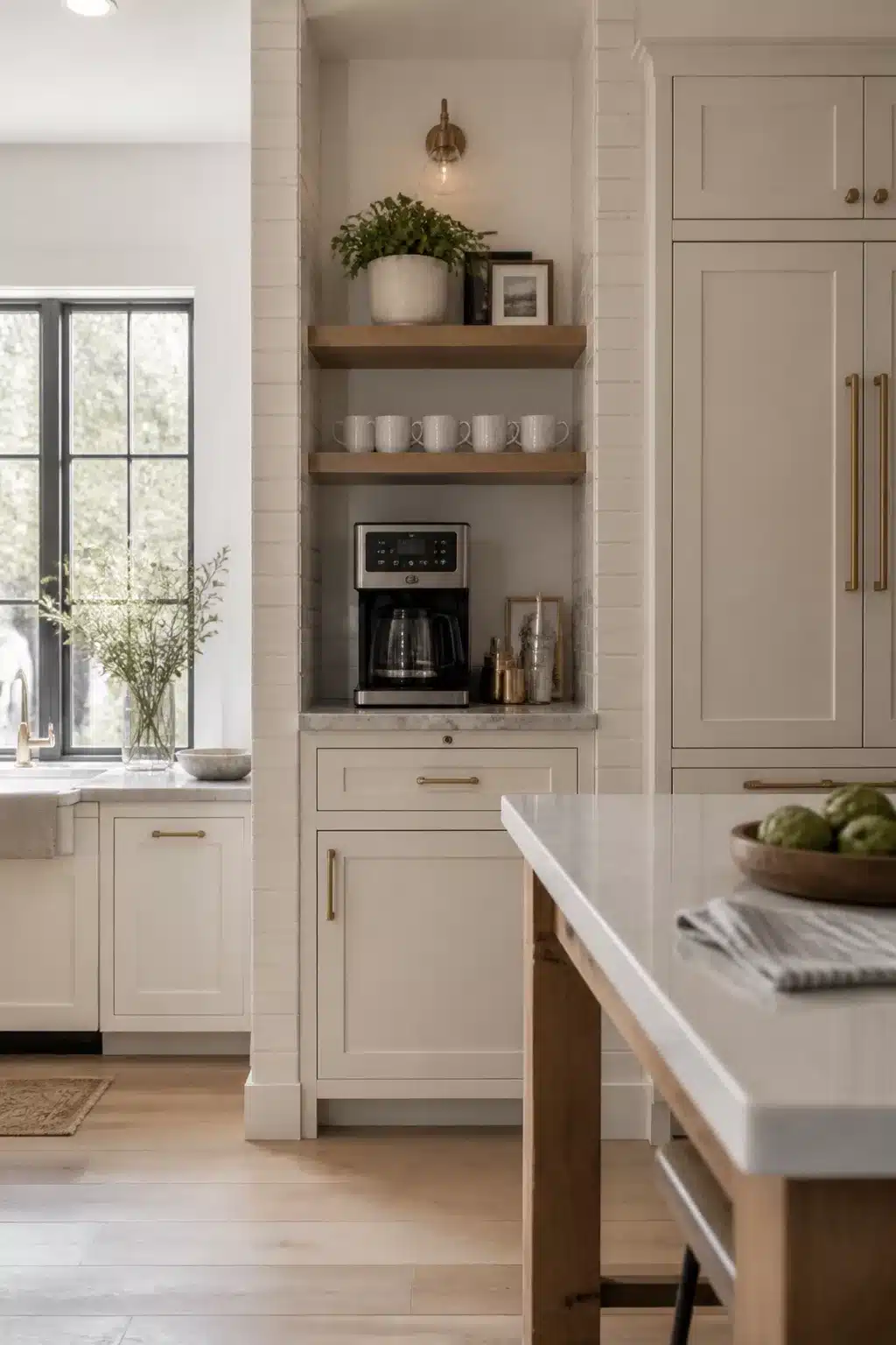 Built in kitchen coffee bar with white subway tile column surround, brass sconce, open wood shelves, and shaker cabinets