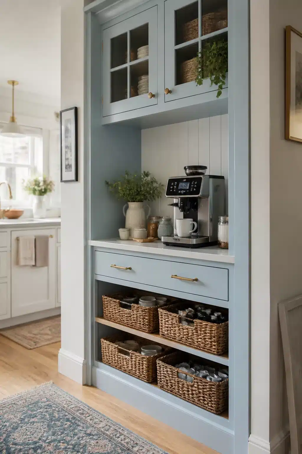 Powder blue shaker built in kitchen coffee bar with wicker baskets, gold pulls, and espresso machine alcove