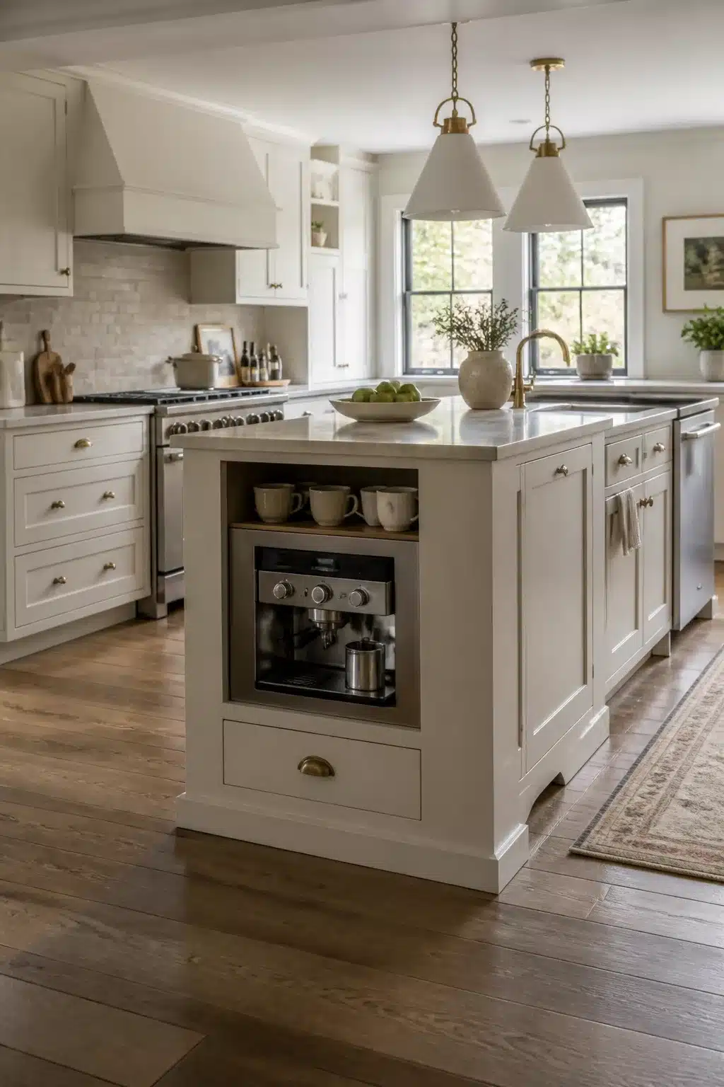 Built in kitchen coffee bar with espresso machine in island end-cap cubby, brass hardware, white shaker cabinetry