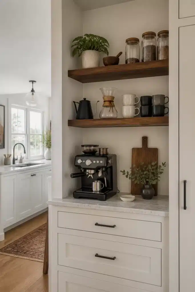 Built in kitchen coffee bar with walnut floating shelves, cream cabinetry, and espresso machine in a white kitchen alcove