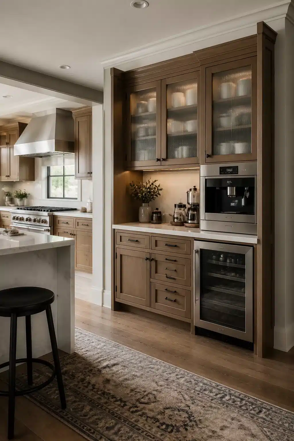 Built in kitchen coffee bar with warm oak cabinets, wine fridge, built-in espresso machine and reeded glass uppers