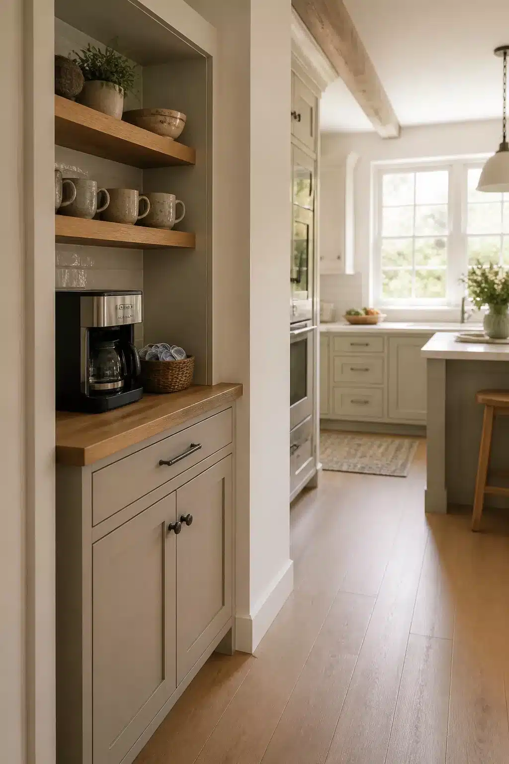 Greige shaker built in kitchen coffee bar with butcher block counter and oak floating shelves