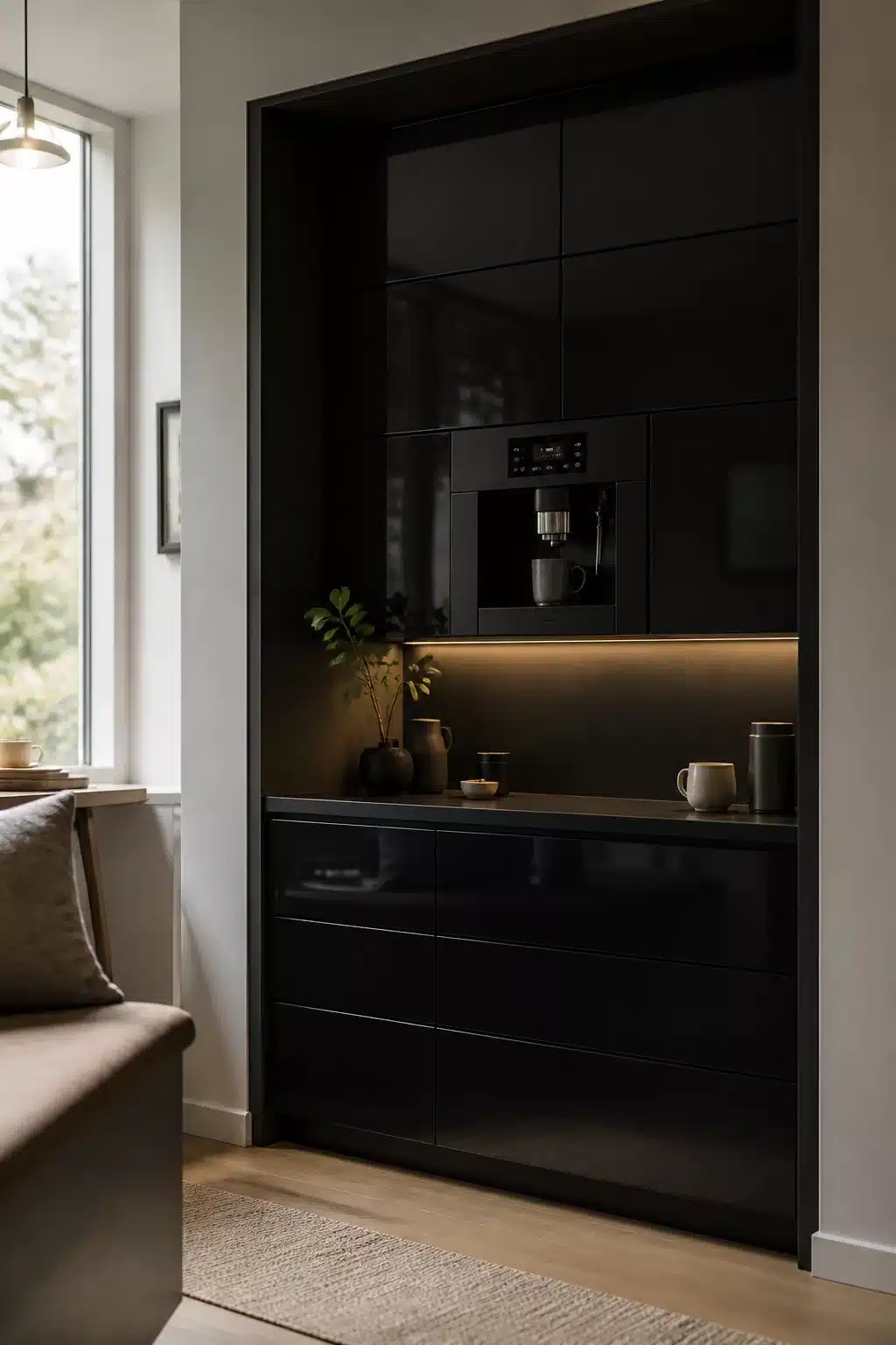 Glossy black built in kitchen coffee bar with flush coffee machine and warm LED under-cabinet lighting