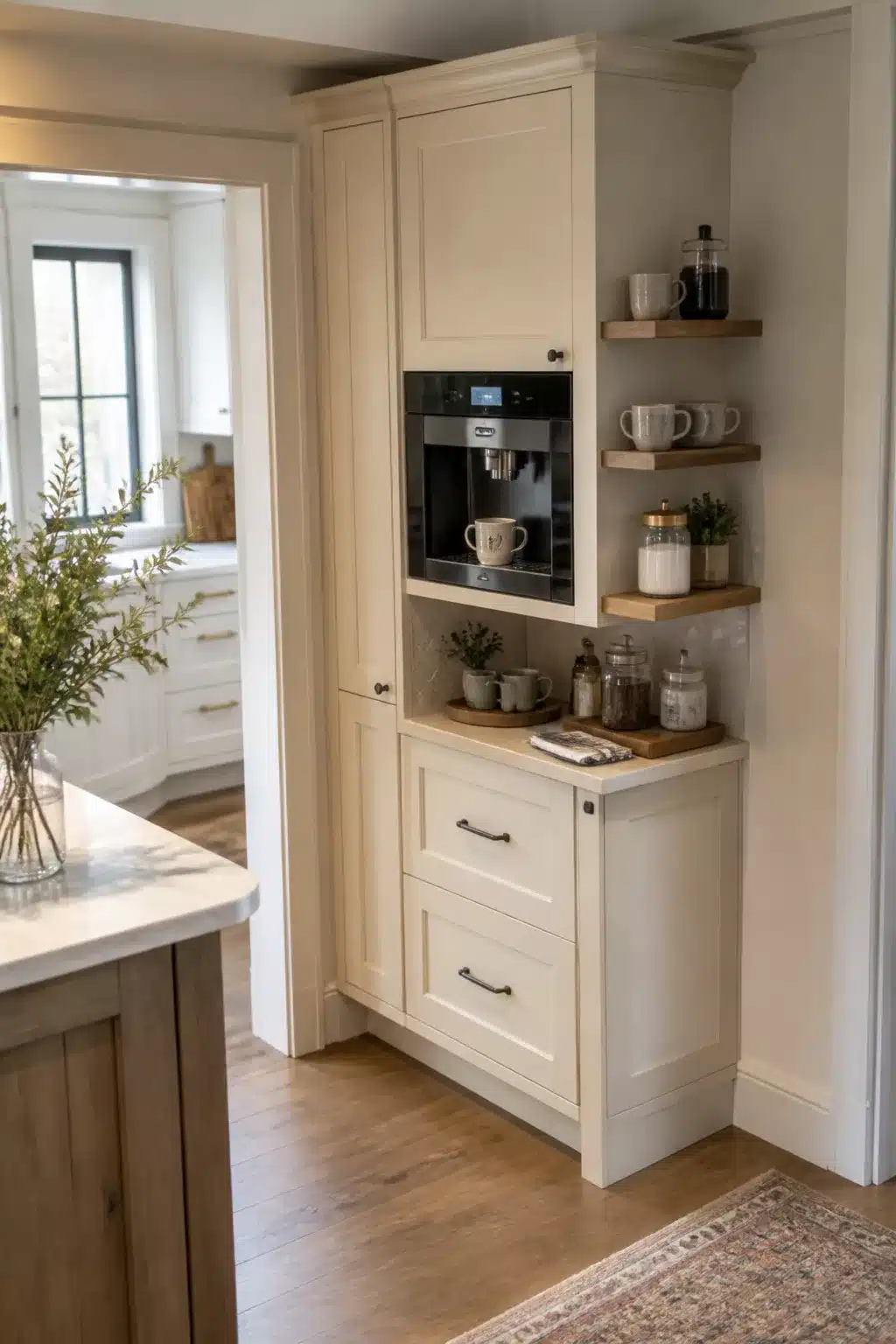Cream shaker built in kitchen coffee bar with flush espresso machine, oak shelves and two-drawer base in a corner nook